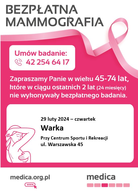 Mammografia 29 luty 2024 – czwartek Warka przy Centrum Sportu i Rekreacji ul. Warszawska 45