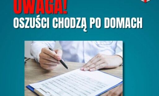 Napis Uwaga oszuści chodzą po domach, nad obrazkiem przedstawiającym kartkę i dłoń z długopisem
